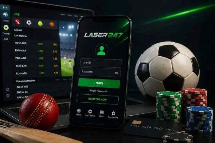 Laser247 login and registration interface displayed on a smartphone with cricket live scores, a football, and casino chips.